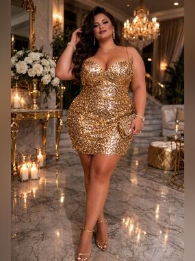 Fashion Novs Gold Sequin Curve-Hugging Mini Dress Size 3XL